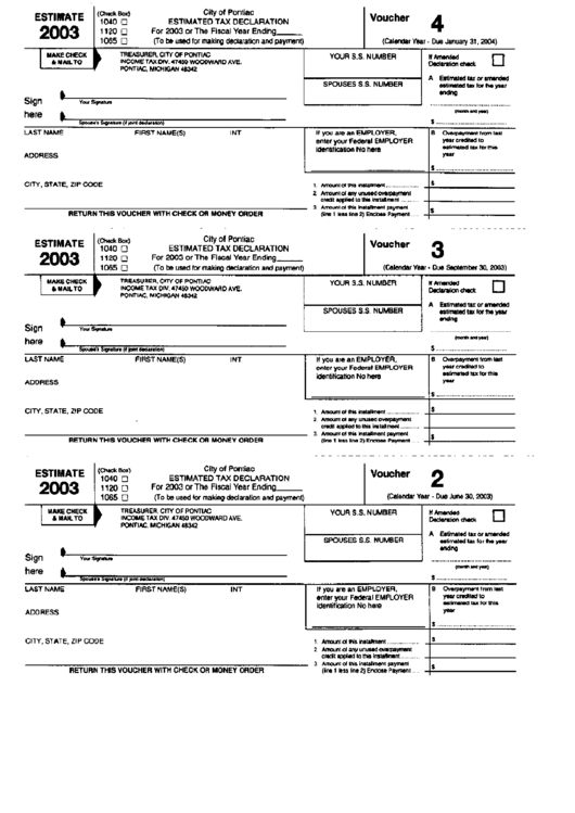 City Of Pontiac Estimated Tax Declaration Form - 2003 Printable pdf