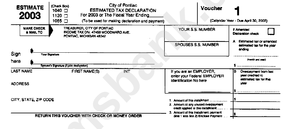 City Of Pontiac Estimated Tax Declaration Form - 2003