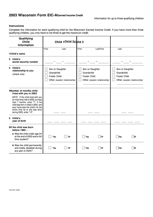 Wisconsin Form Eic-A - Earned Income Credit - Information For Up To Three Qualifying Children - 2003 Printable pdf