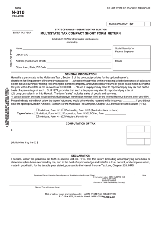 Form N-310 - Multistate Tax Compact Short Form Return Printable pdf