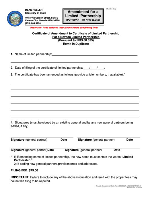 Form 88.335 Lp - Certificate Of Amendment To Certificate Of Limited Partnership For A Nevada Limited Partnership Printable pdf