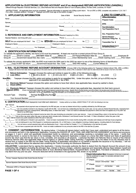 Application For Electronic Refund Account And (If So Designated) Refund Anticipation Loan (Ral) Form Printable pdf