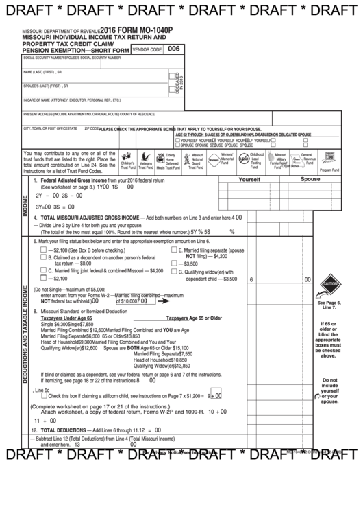 Form Mo-1040p Draft - Missouri Individual Income Tax Return And Property Tax Credit Claim Printable pdf