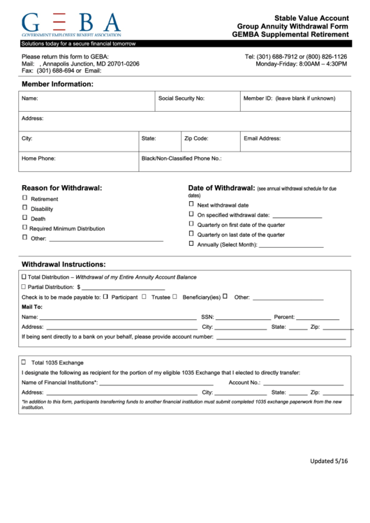 Stable Value Account Group Annuity Withdrawal Form - Gemba Supplemental Retirement Printable pdf