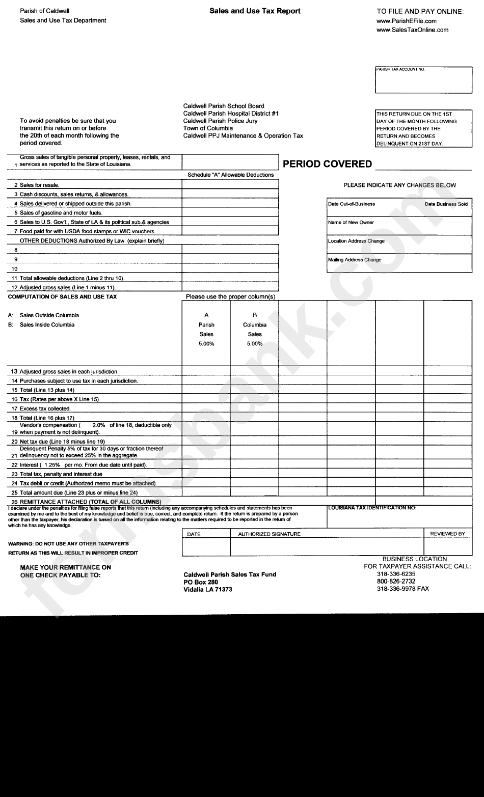 Sales And Use Tax Report Parish Of Caldwell, Luoisiana printable pdf