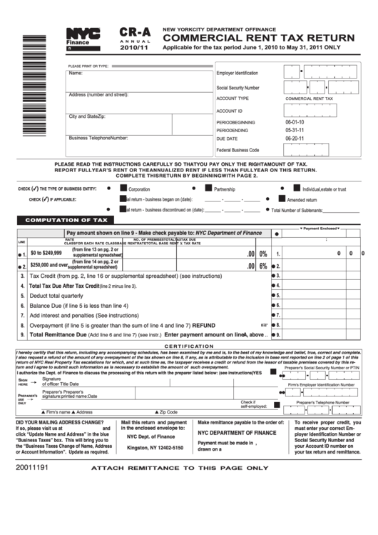 Form Cr-A - Commercial Rent Tax Return - 2010/11 Printable pdf