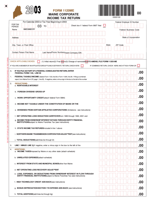 Form 1120me - Maine Corporate Income Tax Return - 2003 Printable pdf