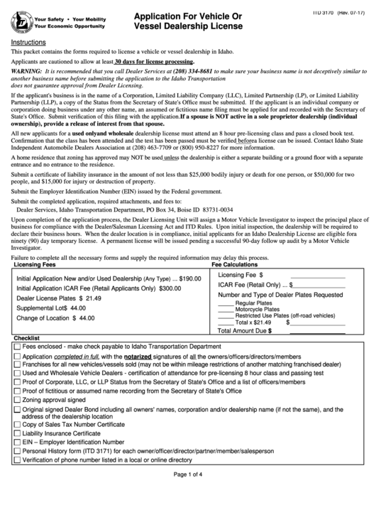 Form Itd 3170 - Application For Vehicle Or Vessel Dealership License