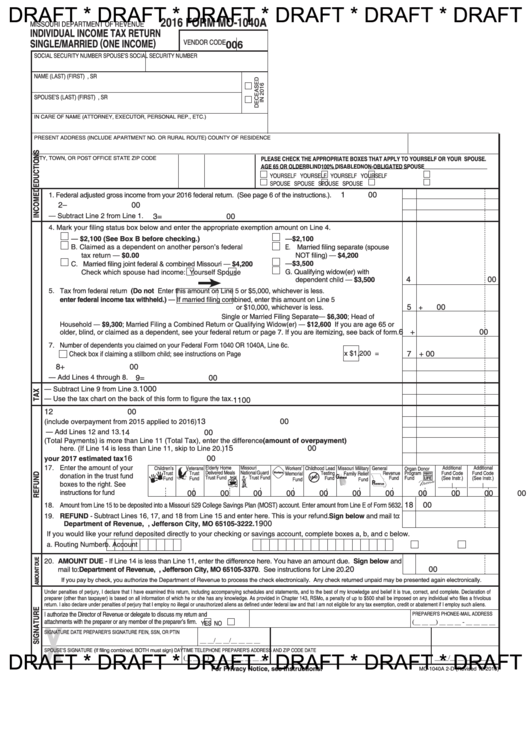 Form Mo-1040a Draft - Individual Income Tax Return Single/married (one Income)