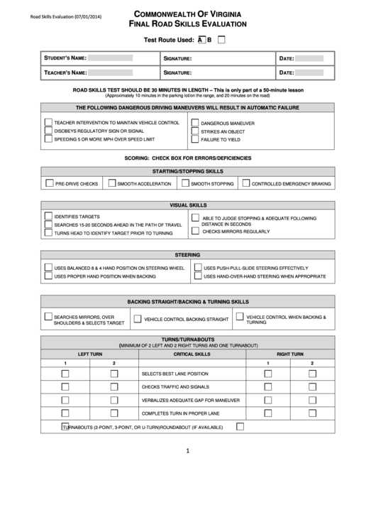 Fillable Final Road Skills Evaluation Form Printable pdf