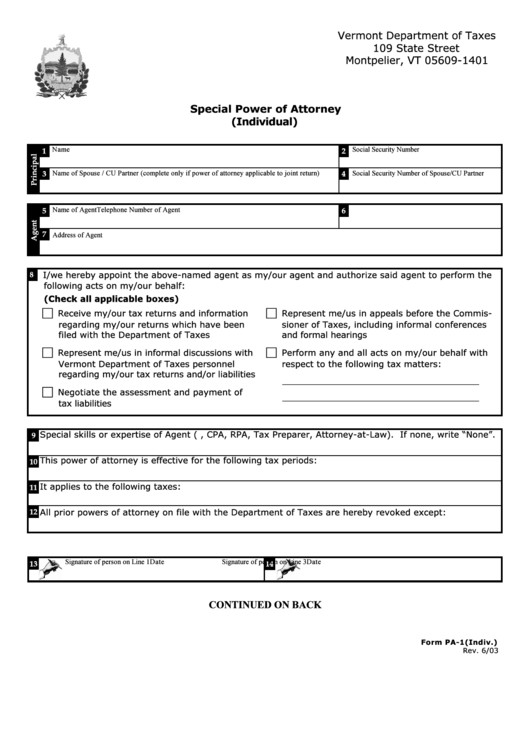 Form Pa-1 - Special Power Of Attorney(Individual) - Vermont Department Of Taxes Printable pdf