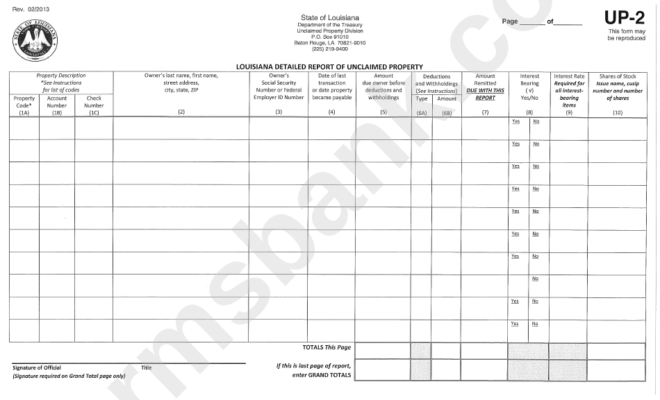 Form Up-2 - Louisiana Detailed Report Of Unclaimed Property