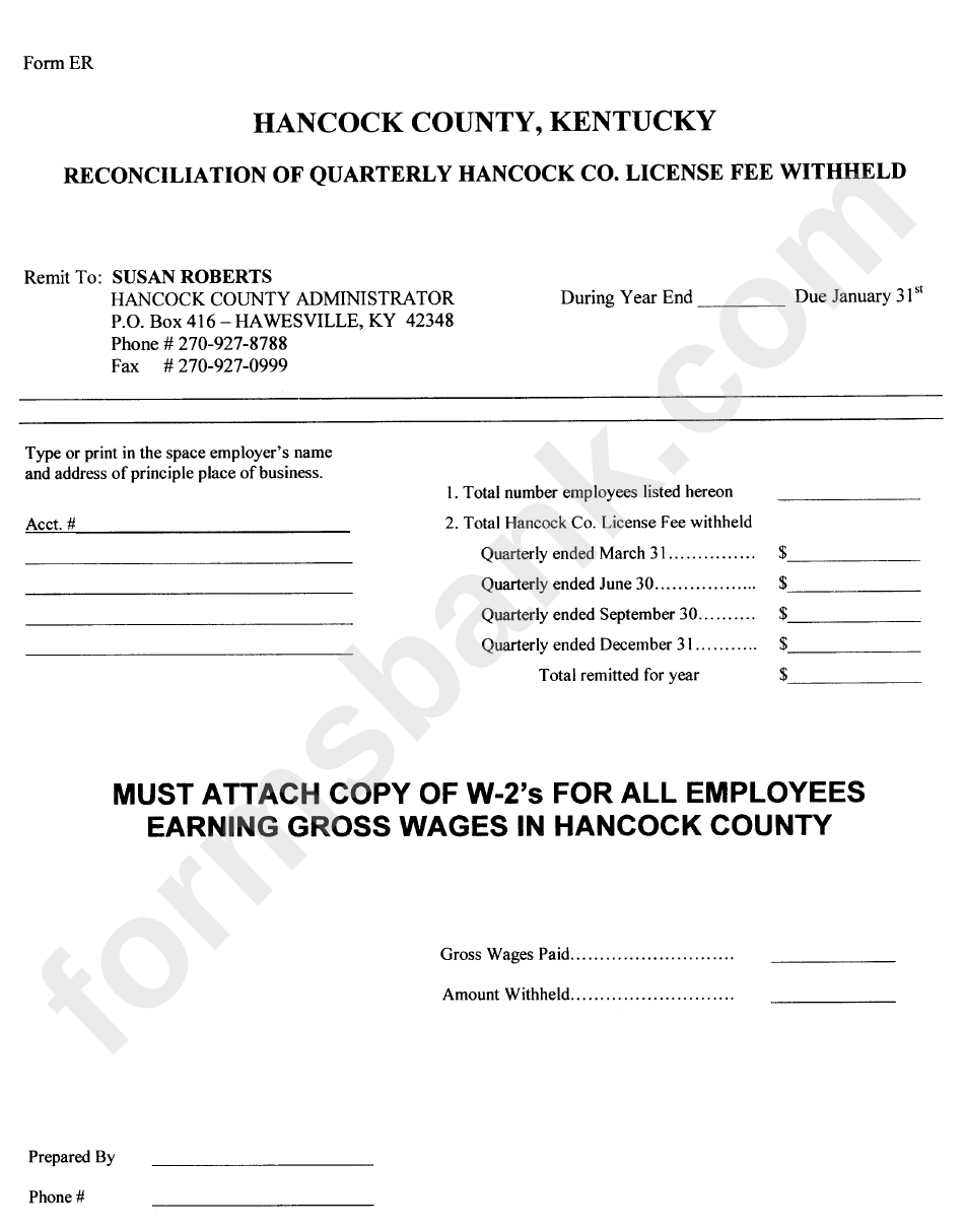 Form Er - Reconciliation Of Quarterly Hancock Co. License Fee Withheld