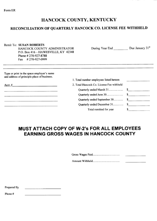 Form Er - Reconciliation Of Quarterly Hancock Co. License Fee Withheld Printable pdf