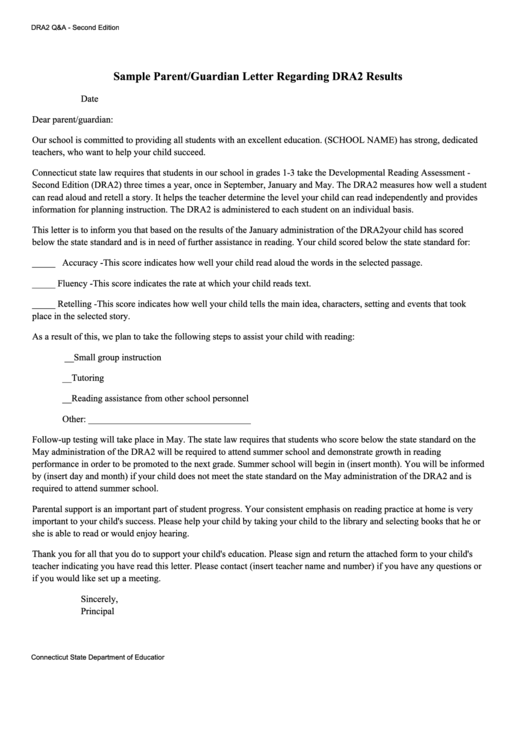 Sample Parent/guardian Letter Regarding Dra2 Results - Connecticut State Department Of Education Printable pdf