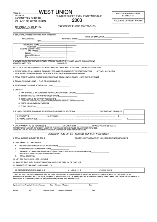 Form Ir - Declaration Of Estimated Tax - Village Of West Union - 2003 Printable pdf