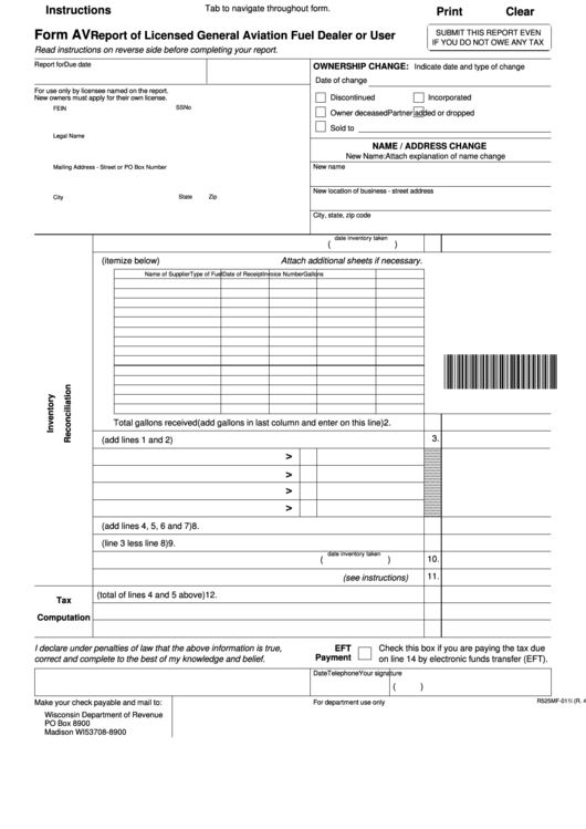 Fillable Form Av - Report Of Licensed General Aviation Fuel Dealer Or User Printable pdf