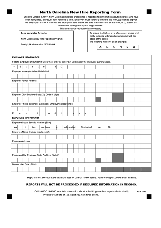 North Carolina New Hire Reporting Form Printable pdf