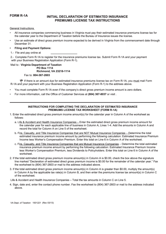 Fillable Form R-1a - Initial Declaration Of Estimated Insurance Premiums License Tax - Virginia Department Of Taxation Printable pdf