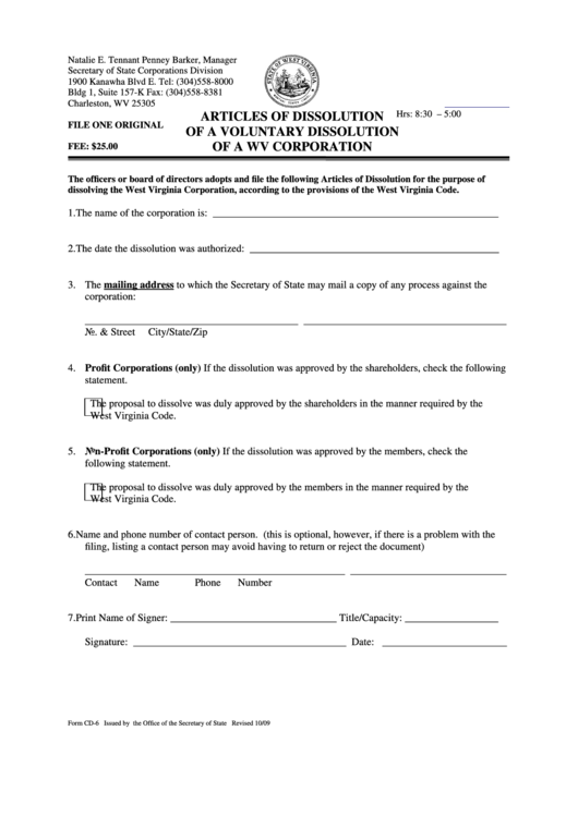 Fillable Form Cd-6 - Articles Of Dissolution Of A Voluntary Dissolution Of A Wv Corporation Printable pdf