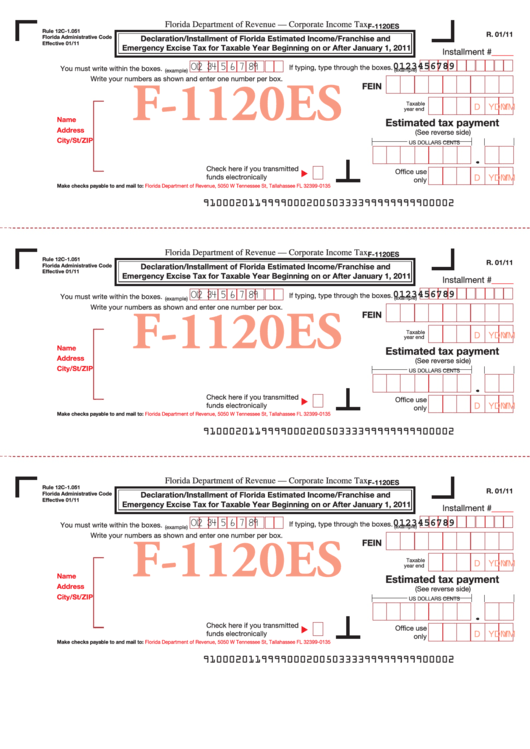 Form F-1120es - Declaration/installment Of Florida Estimated Income/franchise And Emergency Excise Tax For Taxable Year Beginning On Or After - 2011 Printable pdf
