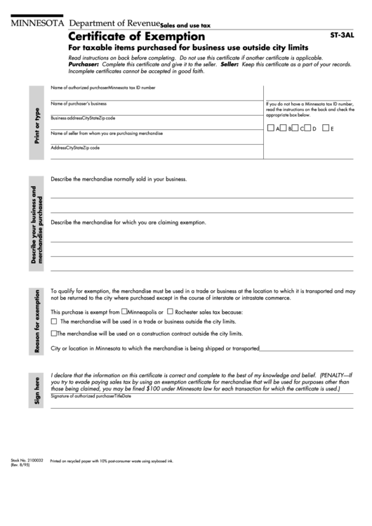 Fillable Form St-3al - Certificate Of Exemption For Taxable Items Purchased For Business Use Outside City Limits Printable pdf