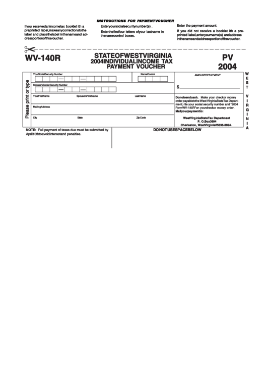 Form Wv-140r - Individual Income Tax Payment Voucher - Wv State Tax Dept. - 2004 Printable pdf