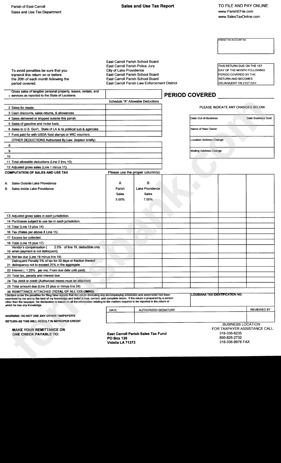 Sales And Use Tax Report - Parish Of East Carroll - State Of Luoisiana