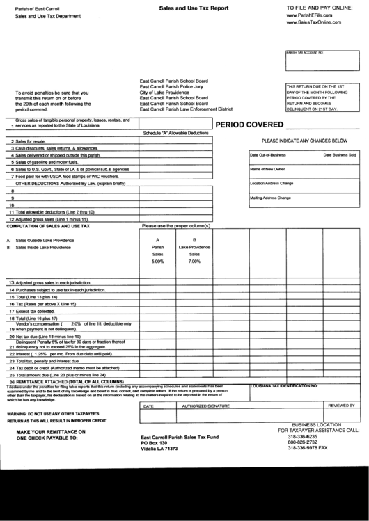 Sales And Use Tax Report - Parish Of East Carroll - State Of Luoisiana Printable pdf