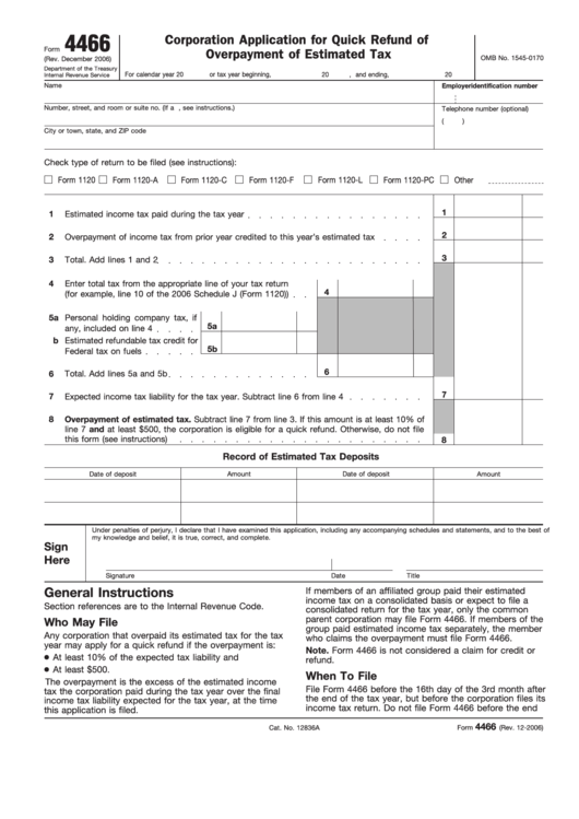 Fillable Form 4466 - Corporation Application For Quick Refund Of Overpayment Of Estimated Tax - Department Of The Treasury Printable pdf