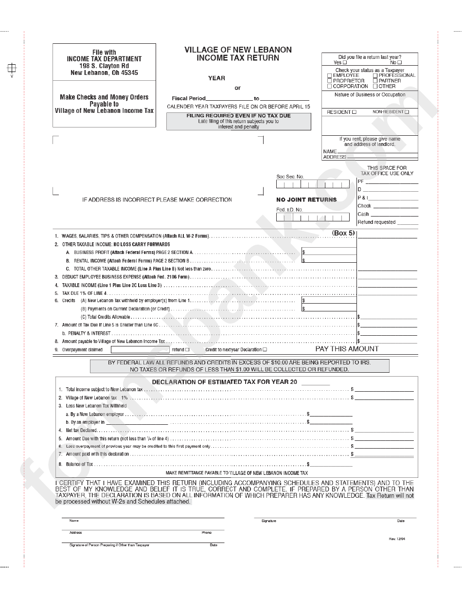 Income Tax Return - Village Of New Lebanon, Ohio