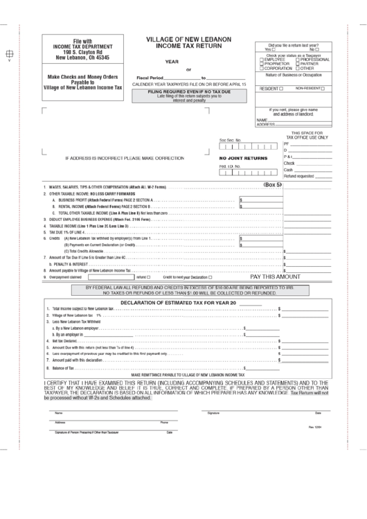 Income Tax Return - Village Of New Lebanon, Ohio Printable pdf