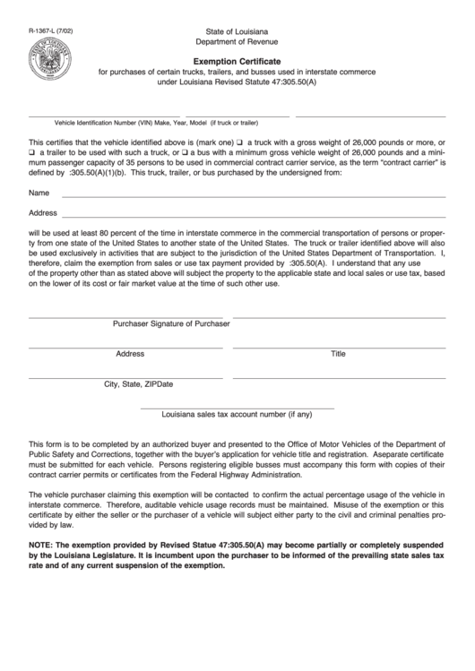 Fillable Form R-1367-L - Exemption Certificate printable pdf download