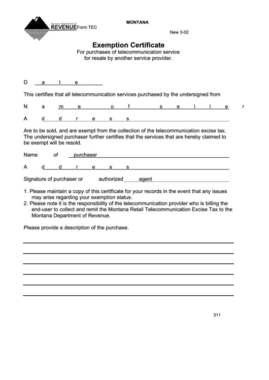 Form Tec - Exemption Certificate Printable pdf