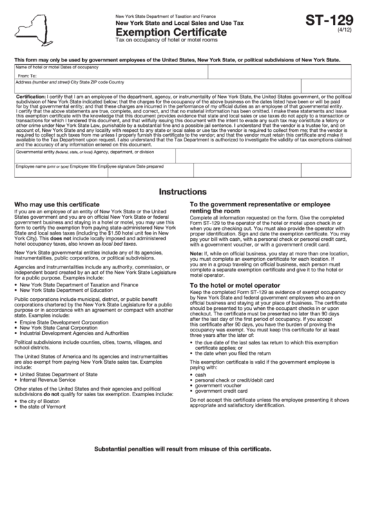 Fillable Form St-129 - Exemption Certificate Printable pdf