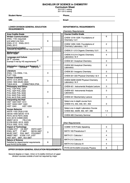 Bachelor Of Science In Chemistry Curriculum Sheet - 2010-2011 Catalog Printable pdf