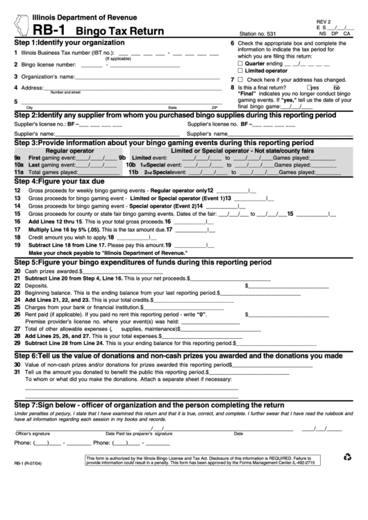 Form Rb-1 - Bingo Tax Return - Illinois Department Of Revenue Printable pdf