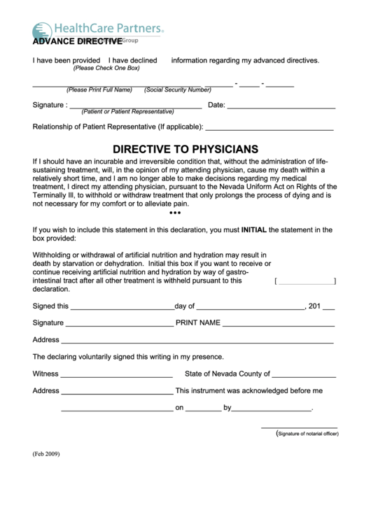 Directive To Physicians - Healthcare Partners Printable pdf