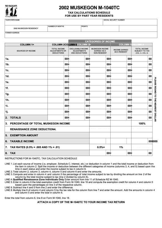 Form M-1040tc - Muskegon Tax Calculations Schedule For Use By Part Year Residents- 2002 Printable pdf