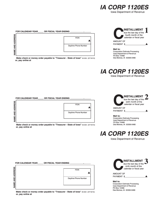 Ia Corp 1120es - C Installment - Iowa Department Of Revenue Printable pdf