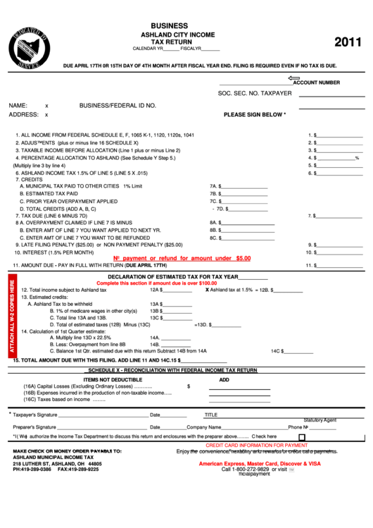 Business Ashland City Income Tax Return Form - 2011 Printable pdf