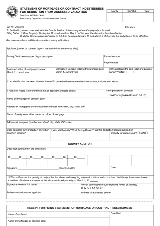 State Form 43709 - Statement Of Mortgage Or Contract Indebtedness For Deduction From Assessed Valuation - 2003 Printable pdf