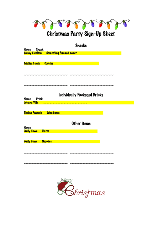 Christmas Party Sign-Up Sheet Printable pdf