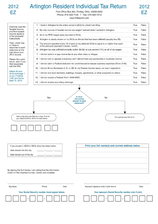 Fillable Arlington Resident Individual Tax Return - State Of Ohio - 2012 Printable pdf