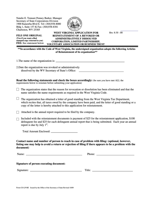 Fillable Form Co-Lp-Re - West Virginia Application For Reinstatement Of A Revoked Or Administratively Dissolved Corporation, Limited Partnership, Voluntary Association Or Business Trust - Wv Secretary Of State - 2009 Printable pdf