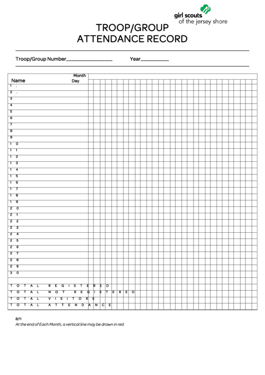Girl Scouts Troop/group Attendance Record Sheet Printable pdf