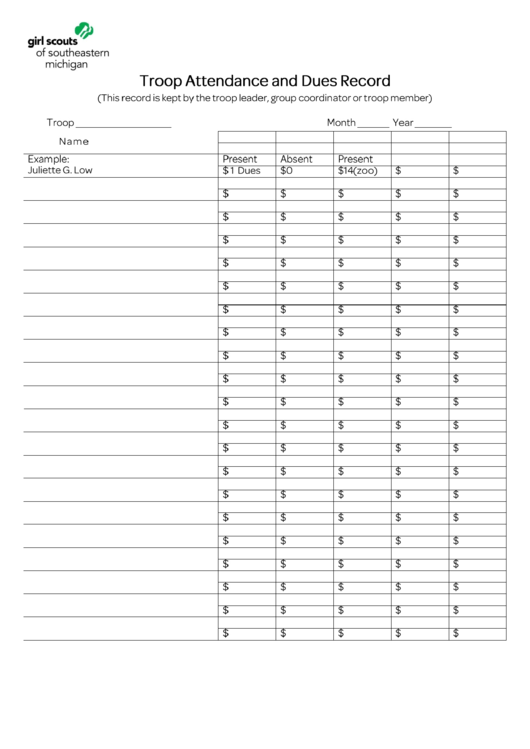 Girl Scouts Troop Attendance And Record Sheet Printable pdf