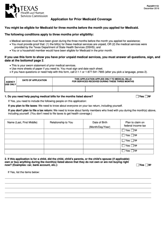 Form H1113 - Application For Prior Medicaid Coverage ...