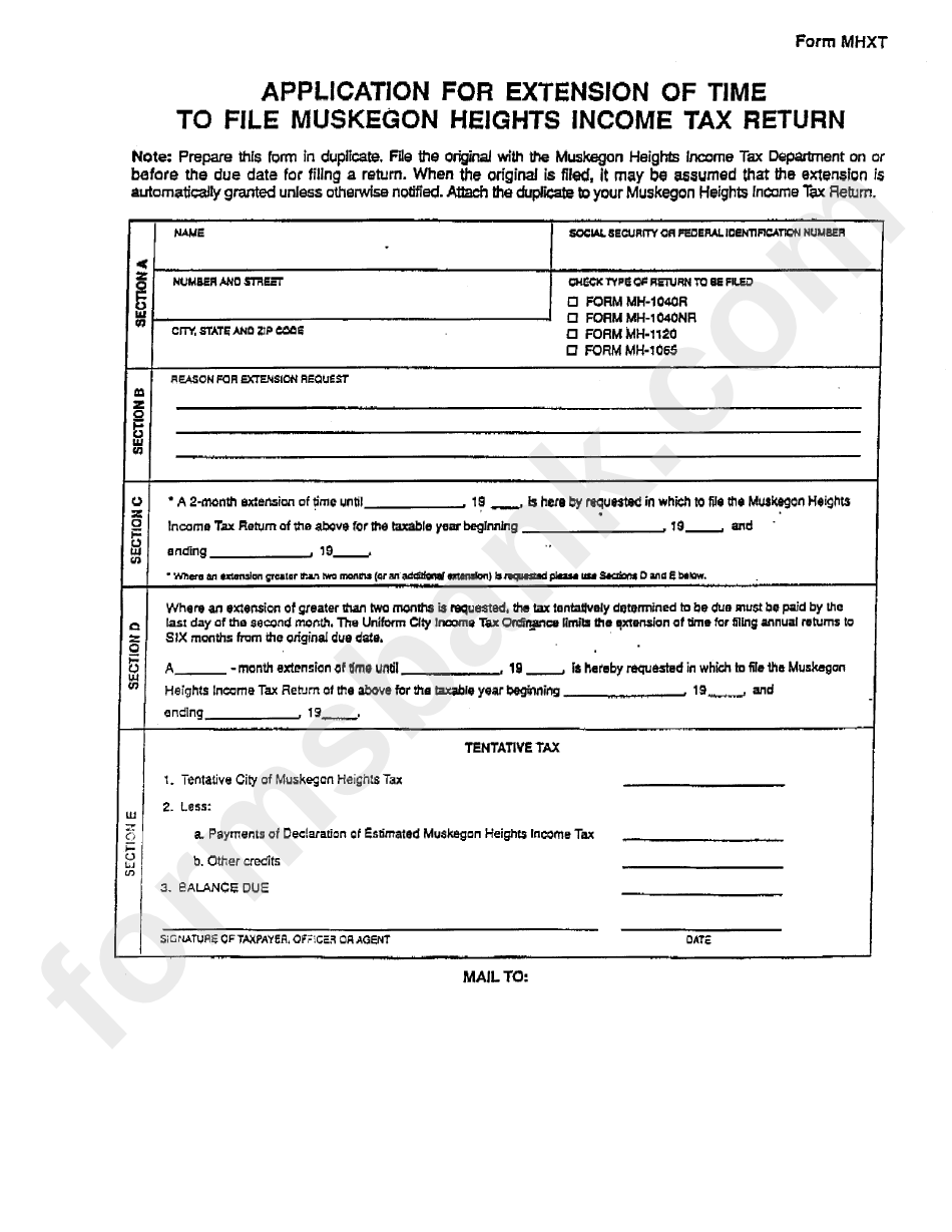 Form Mhxt - Application For Extension Of Time To File Muskegon Heights Income Tax Return