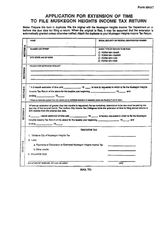 Form Mhxt - Application For Extension Of Time To File Muskegon Heights Income Tax Return Printable pdf